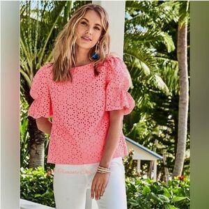 Lilly Pulitzer Shaila Top in Shellona Coral Neon Sunburst Eyelet